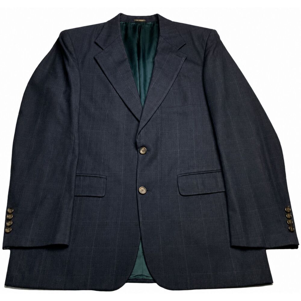 BB Barabas Mens Blazer 100% Wool 44S Navy Windowpane Sport Coat Made USA